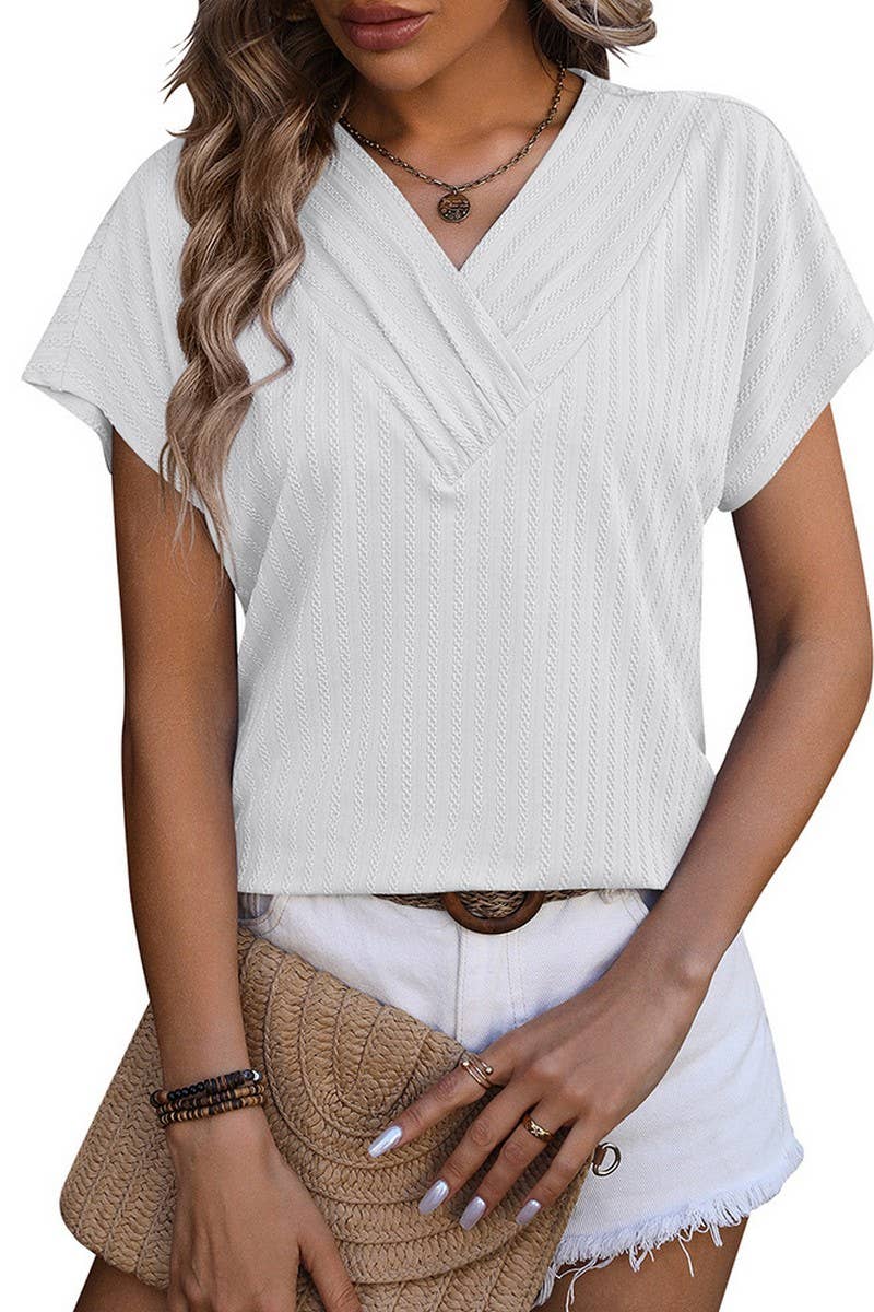 CWTBLS0916_V-NECK CHAIN JACQUARD TOP SHORT SLEEVE