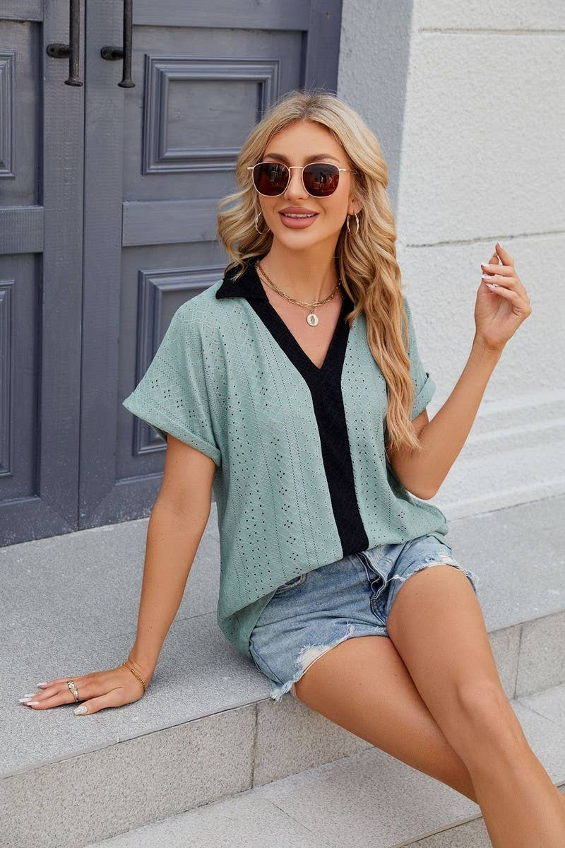 CWTTS0832_V-Neck Short Sleeve Knit Top