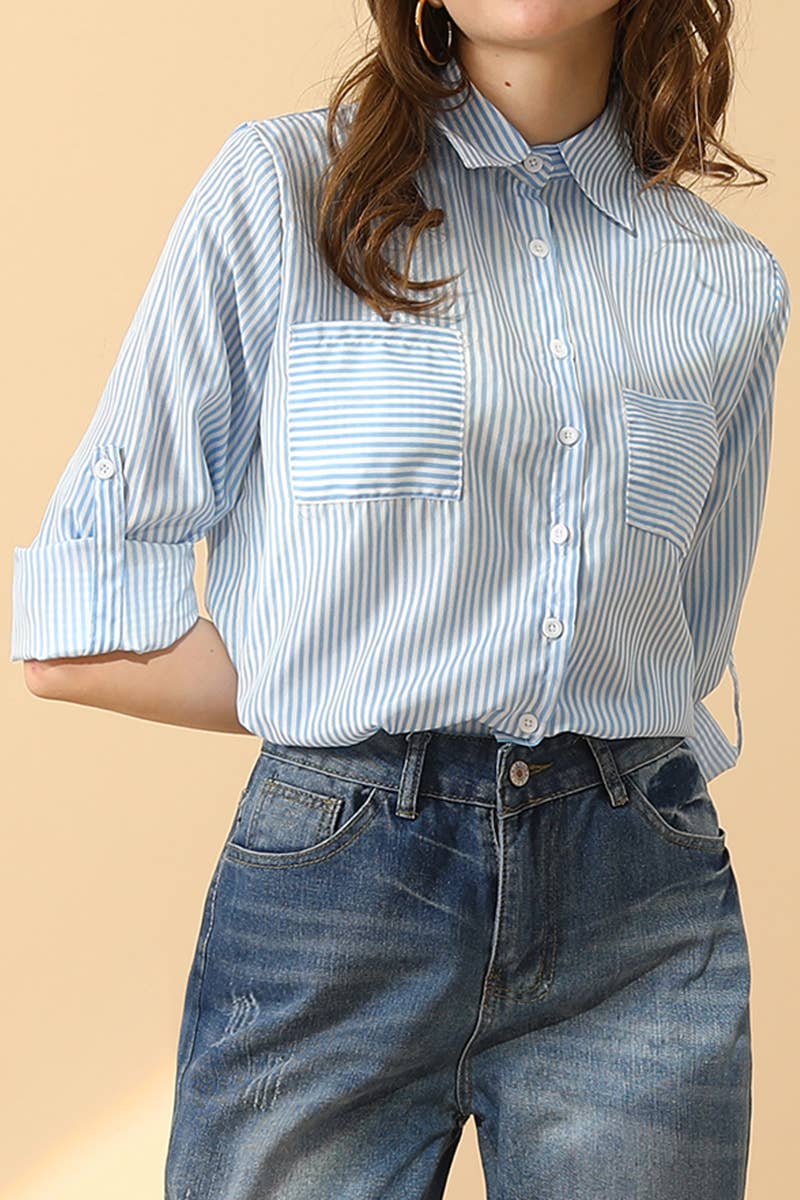 CWTSTL451_VERTICAL STRIPE BUTTON DOWN TWO POCKETS SHIRTS