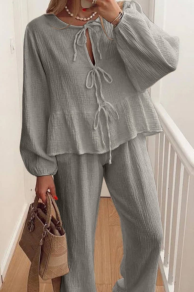 CWSTB00387_CASUAL LANTERN SLEEVE TIE TOP AND PANTS SET
