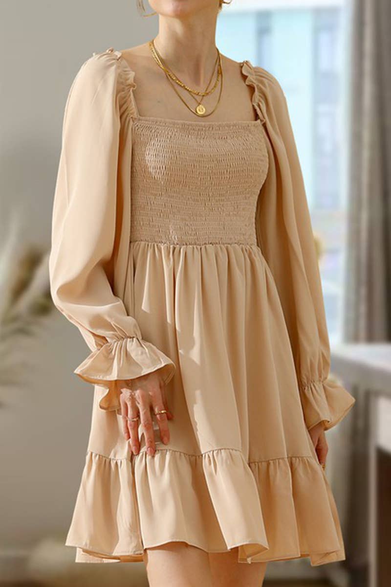 CWDSD10342_RUFFLE HIGH WAIST LONG SLEEVE CASUAL DRESS