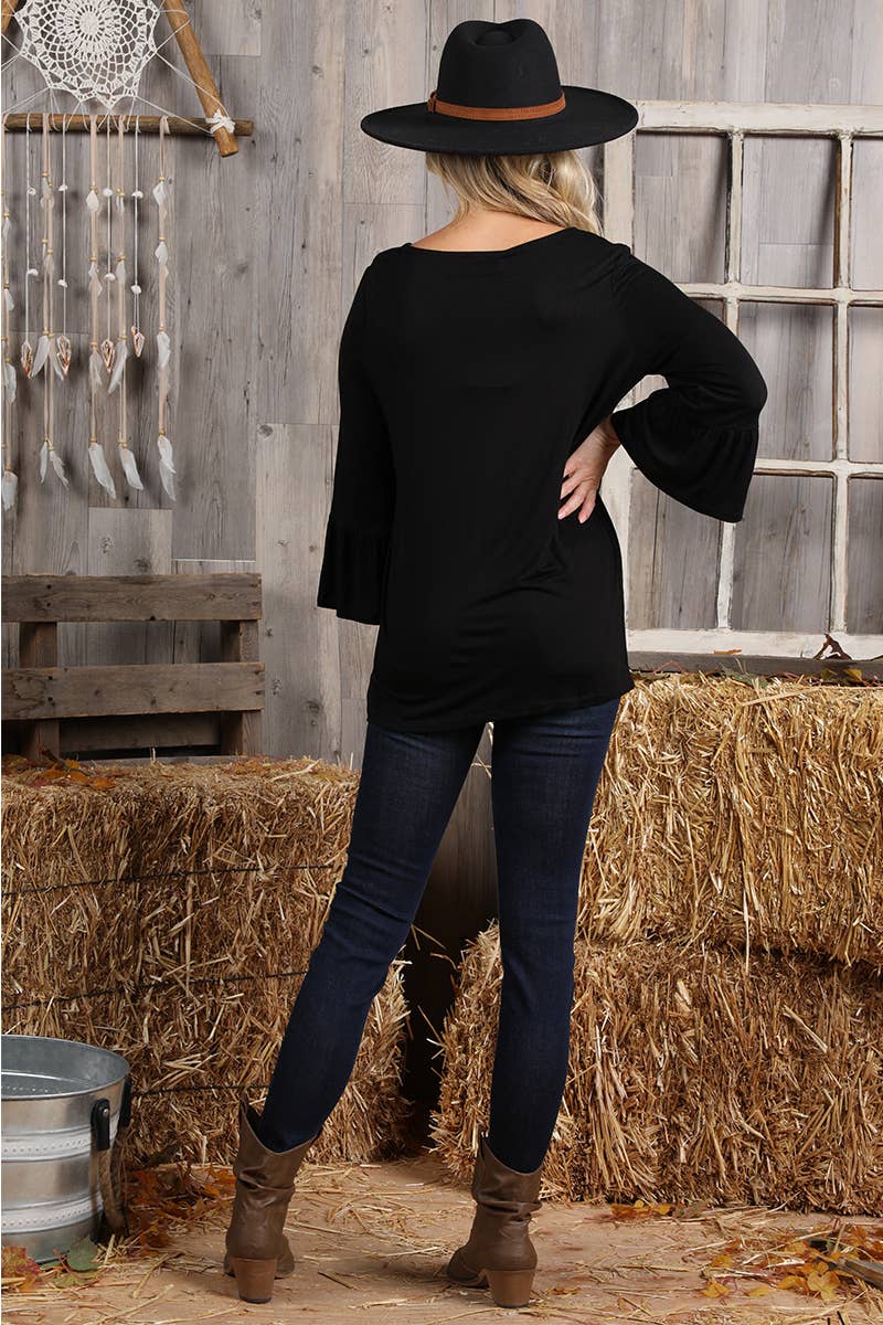CWTTL1401-P_3/4 SLEEVE WITH NECK STRING DETAILED TOP