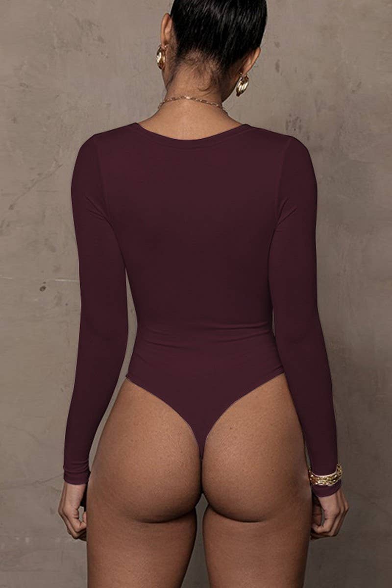CWSBSL0145_SOLID COLOR LONG SLEEVE V-NECK SLIM BODYSUIT