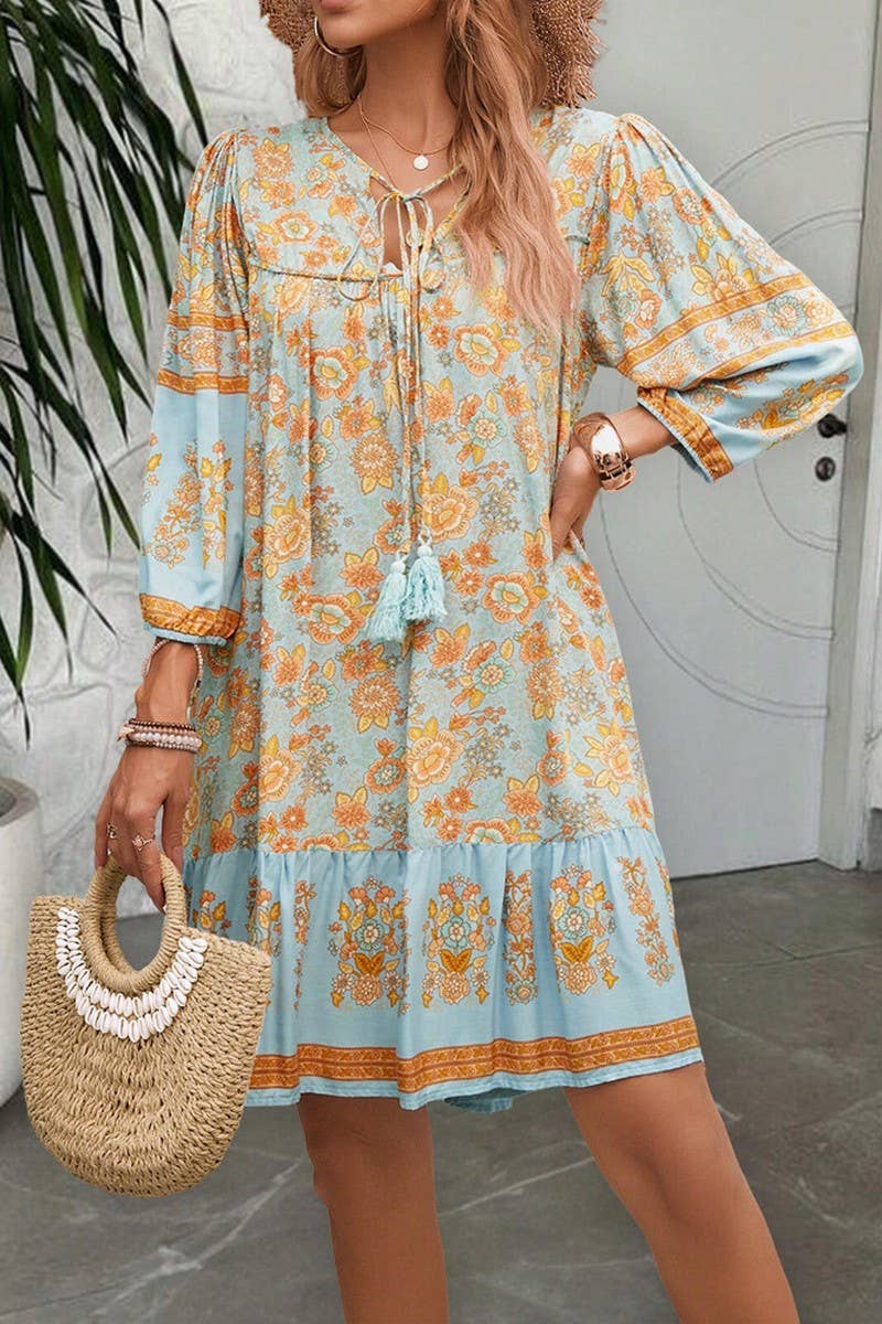 CWDSD8924_SPRING AND SUMMER V-NECK LACE-UP PRINT DRESS