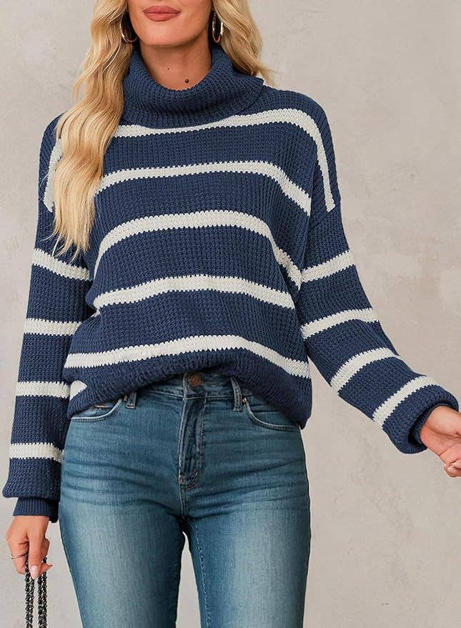 CASUAL TURTLENECK KNIT STRIPED PULLOVER SWEATER