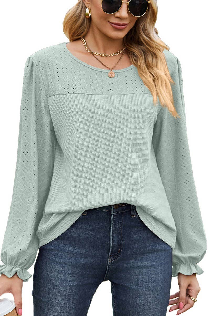 CWTBLL2417_SPLICED ROUND NECK LOOSE LONG SLEEVE T-SHIRT TOP