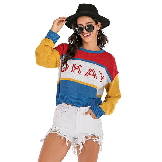 COLOR-MATCHING STRIPED LOOSE CREW NECK SWEATER