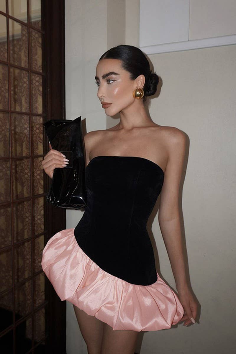 CWDSD8902_ELEGANT TUBE-TOP SLEEVELESS PATCHWORK PUFFY DRESS