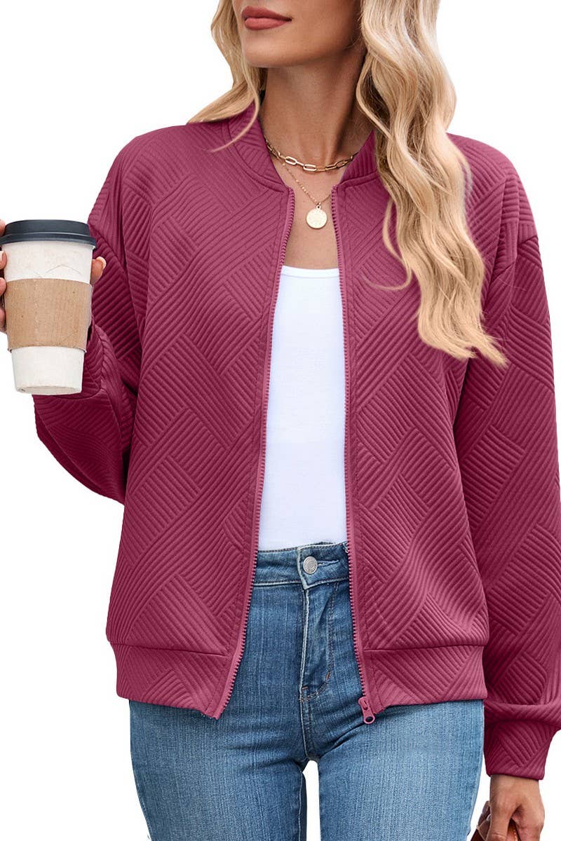 CWOCO00238_SOLID ZIP UP LONG SLEEVE CASUAL BOMBER JACKET