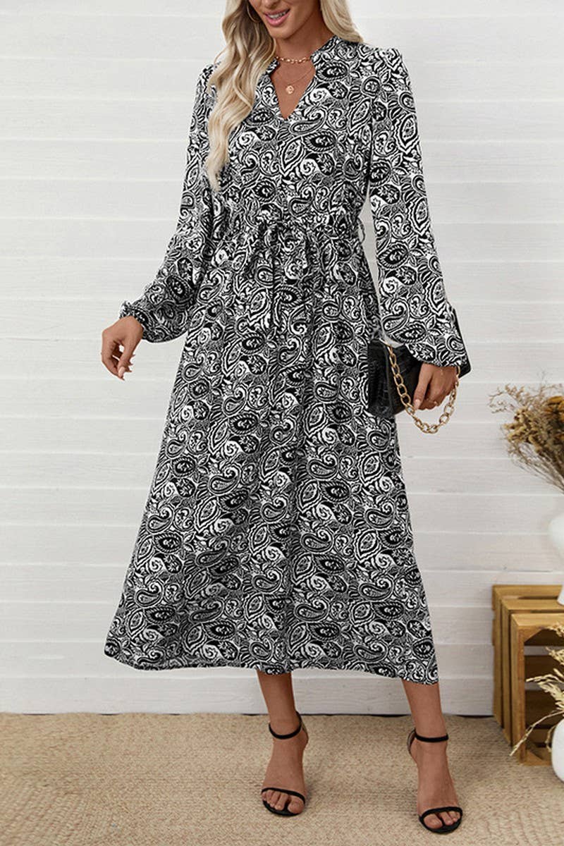 CWDMD6295_ELEGANT V-NECK ETHNIC PRINT LONG SLEEVE DRESS