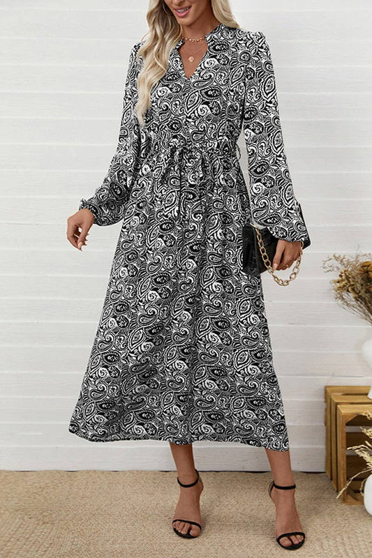 CWDMD6295_ELEGANT V-NECK ETHNIC PRINT LONG SLEEVE DRESS