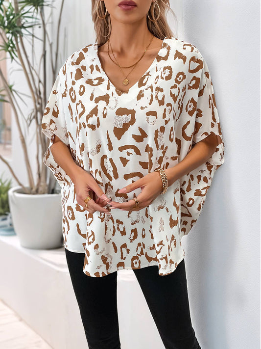 Casual V-neck bat-sleeve leopard print shirt
