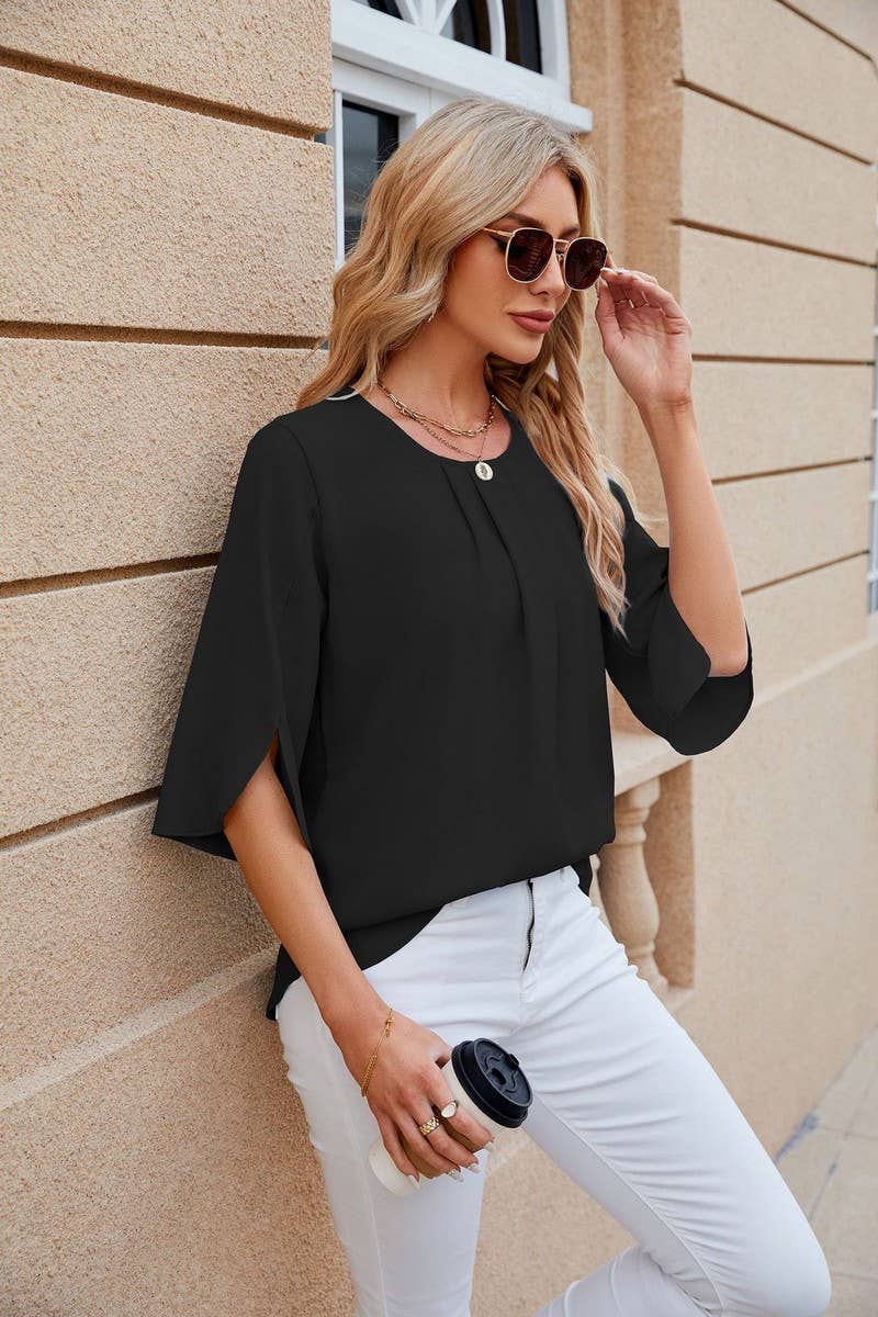 CWTBLS0434_Round Neck Short Sleeve Blouse