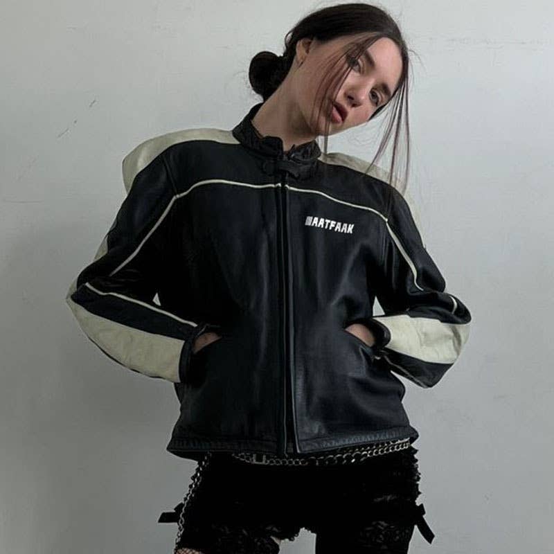 BIKER STYLE BLACK WHITE PATCHWORK LEATHER  JACKET