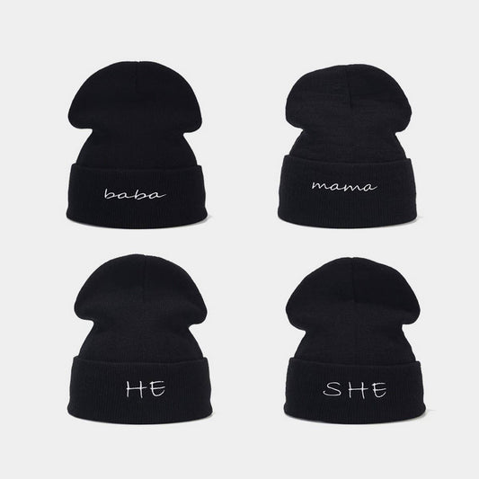 MOM  DAD COUPLE KNITTED HAT WITH LETTER EMBROIDERY_CWAH2071