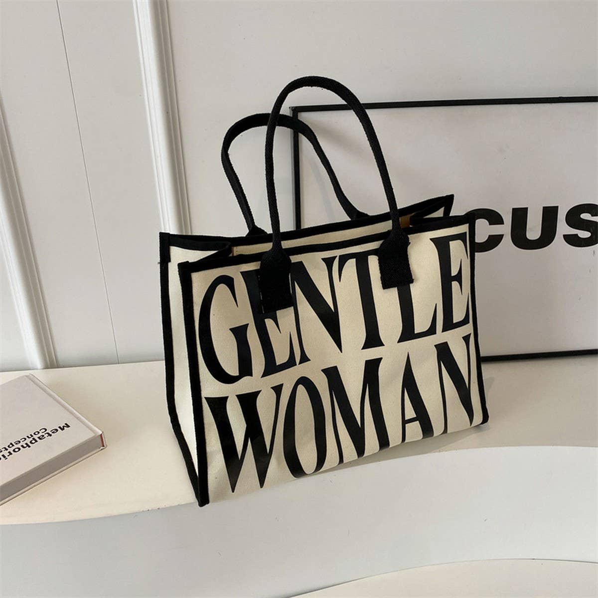 VINTAGE LETTER PRINT TOTE CANVAS BAG_CWAB2681