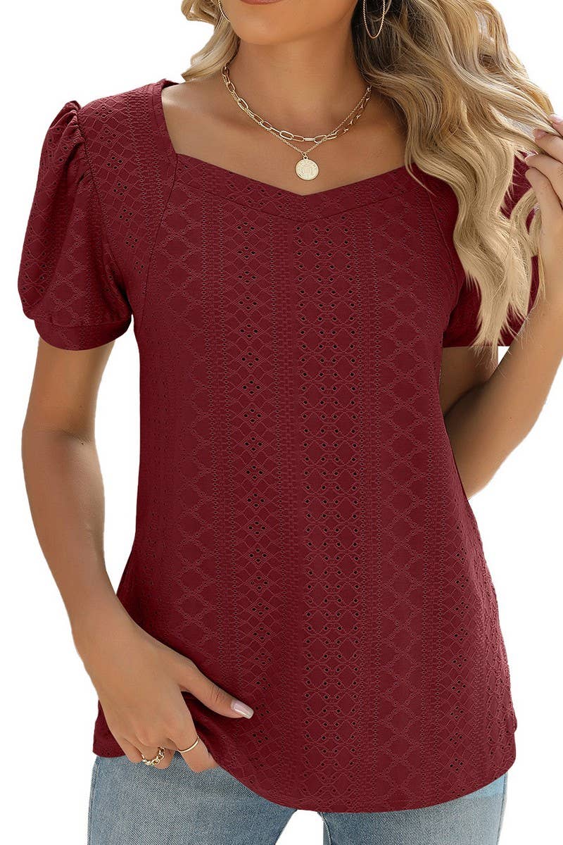 CWTBLS0877_SQUARE COLLAR SOLID COLOR SHORT-SLEEVED TOP