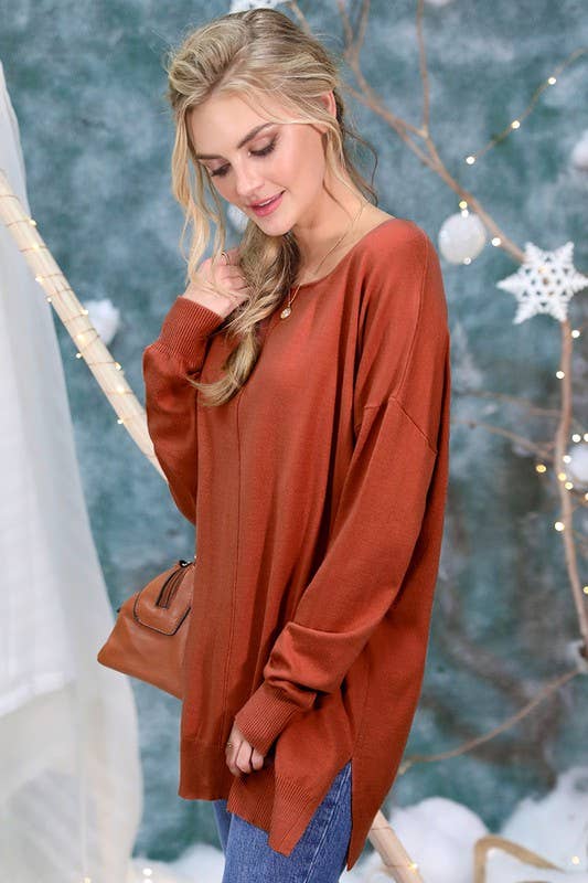 CWOSWL057_ROUND NECK LOOSE FIT TUNIC LENGTH SOFT SWEATER