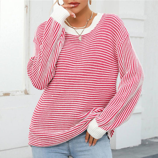 COLOR-MATCHING CREW-NECK PULLOVER STRIPED SWEATER