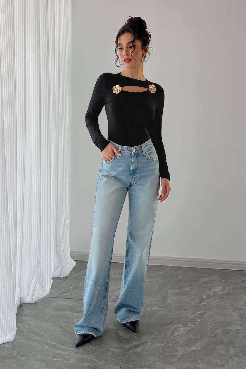 CWTBLL3933_BLACK CUTOUT ROSE GOLD METAL FITTED TOP