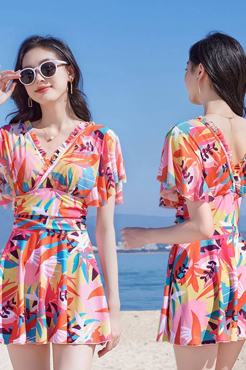 CWMW0857_MAPLE LEAF PRINT HIGH WAIST ONE-PIECE SWIMSUIT