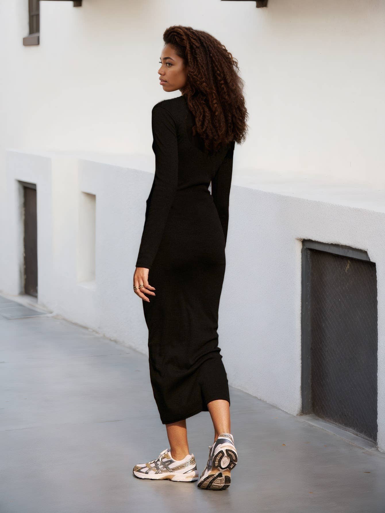 COMFORTABLE SOLID COLOR LONG HOLLOW DRESS