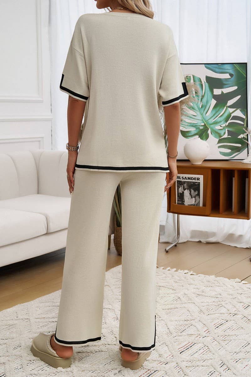 CWSTB0997_CONTRAST COLOR SHORTSLEEVED TROUSERS SWEATER SUIT