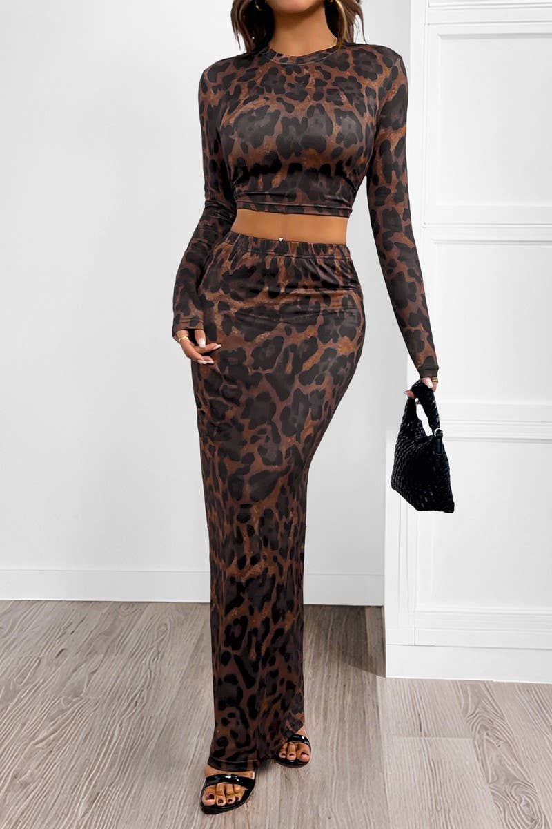 CWSTB2097_LEOPARD PRINT SLIM FIT SPLIT SKIRT SET