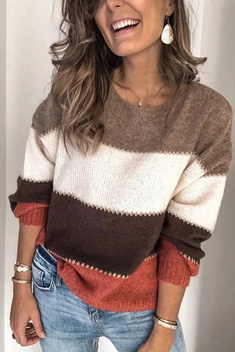 CWOSWL3115_COLORBLOCK CREW NECK MID-LENGTH KNITTED SWEATER