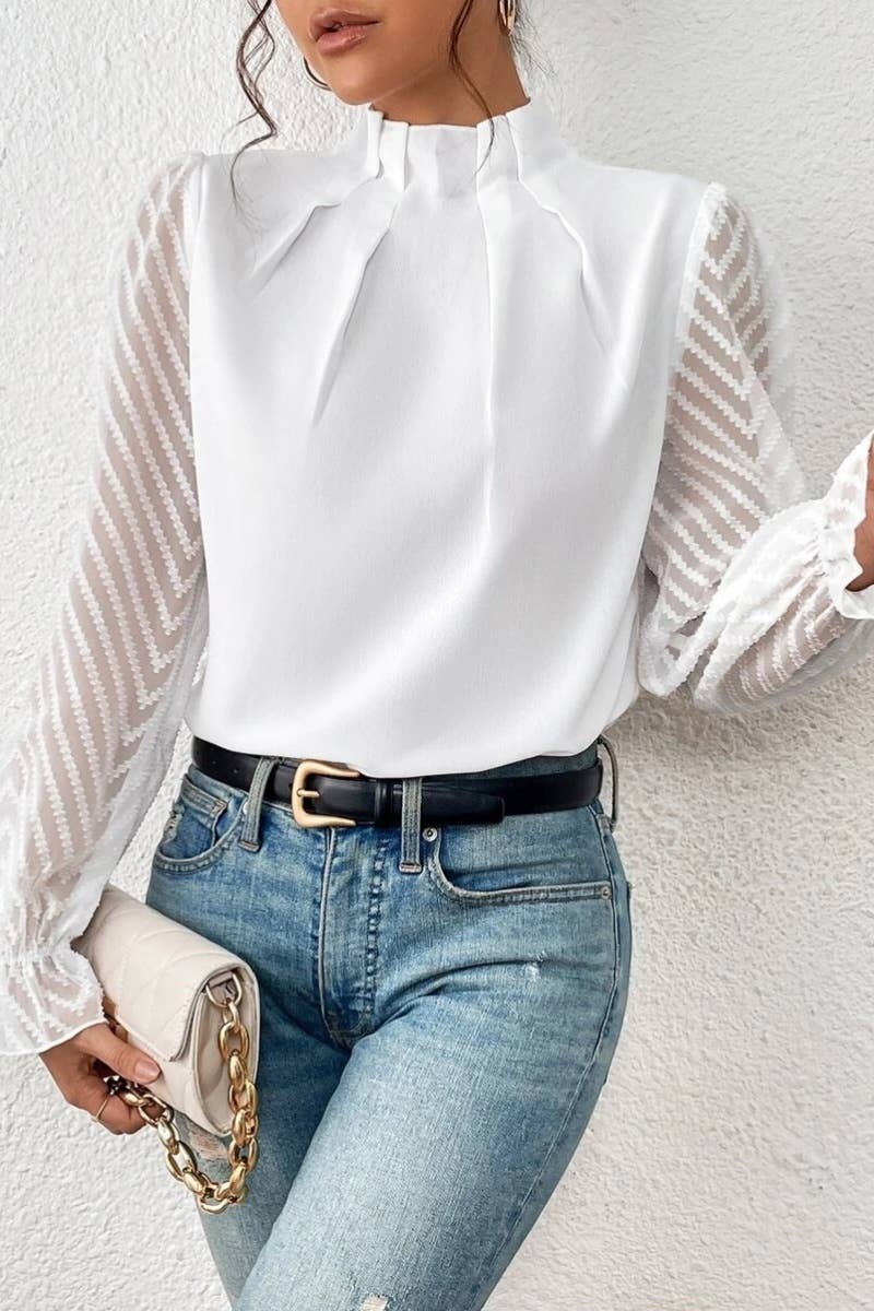 CWTBLL2546_FALL TURTLENECK MESH PATCHWORK LONG SLEEVE TOP