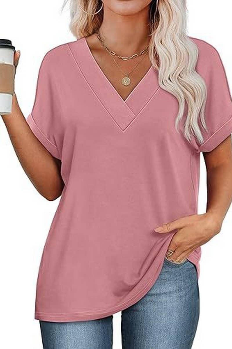 CWTBLS2191_SOLID V-NECK LOOSE BATWING SLEEVE CROP TEE