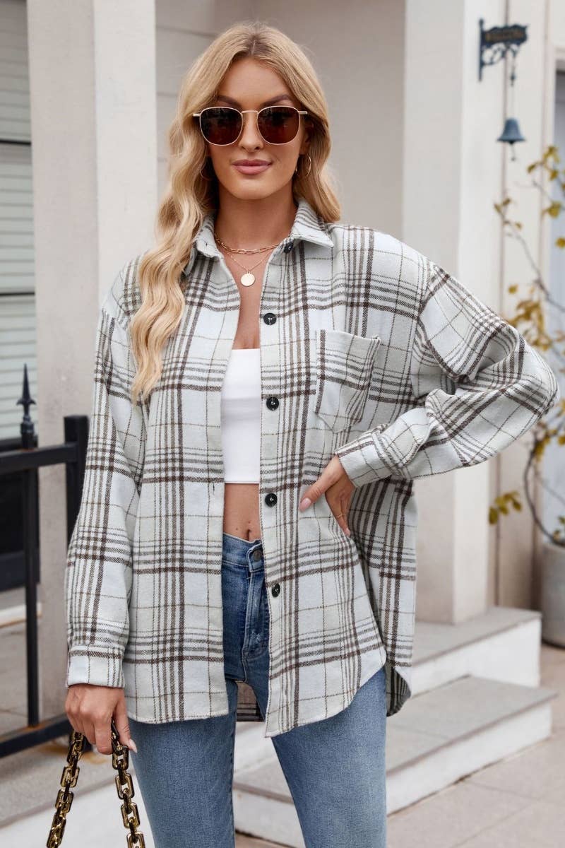 CWTSTL1719_AUTUMN PLAID FLANNEL LONG-SLEEVED WOOLEN SHIRT