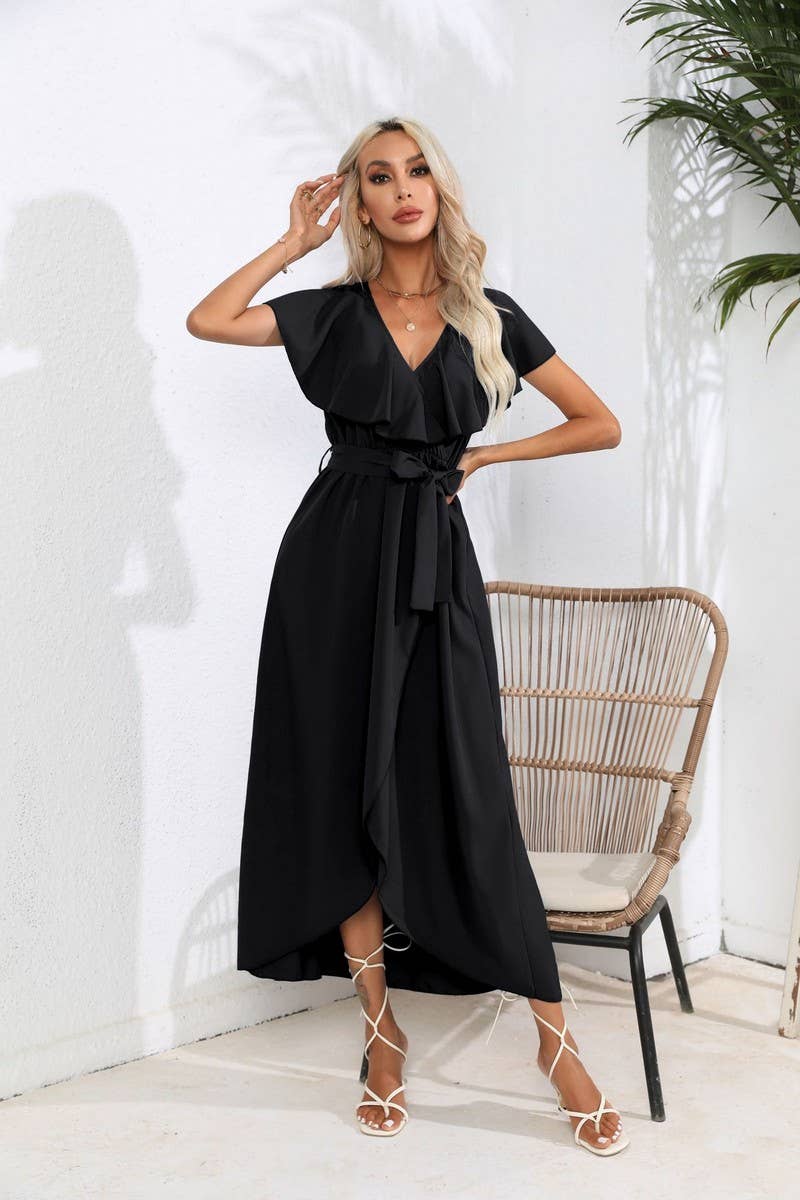 CWDMD1336_V-Neck Short Ruffle Sleeve With Belt Dress