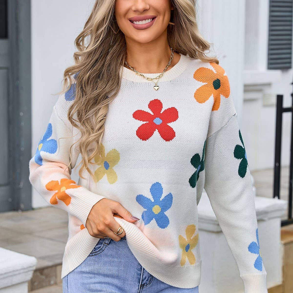 Floral crew-neck loose knit sweater