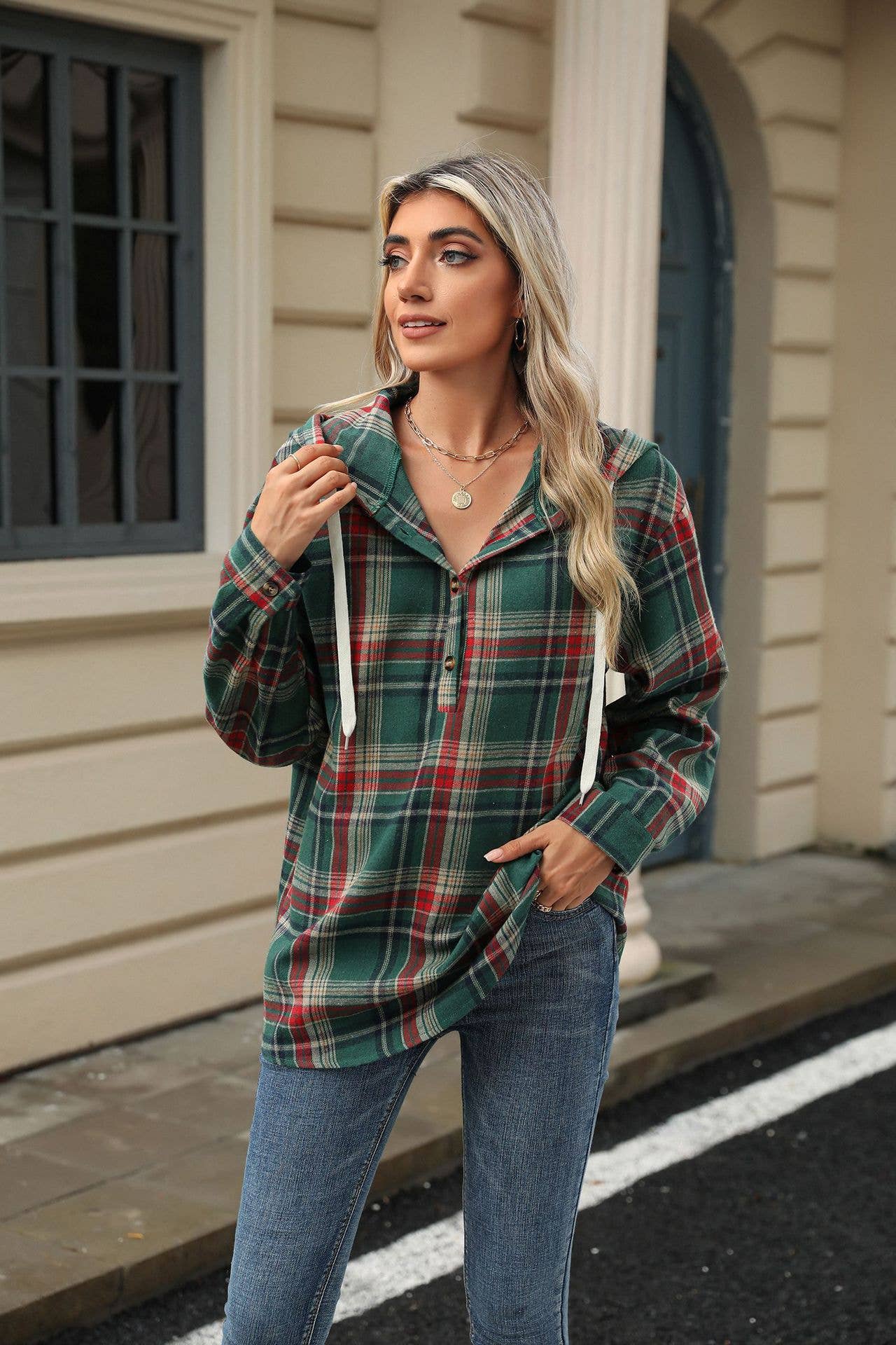 Checked hooded loose long-sleeved sweatshirt