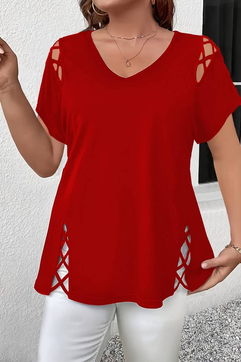 CWTBLS2188_SOLID V-NECK CRISSCROSS SHORT SLEEVE T-SHIRT