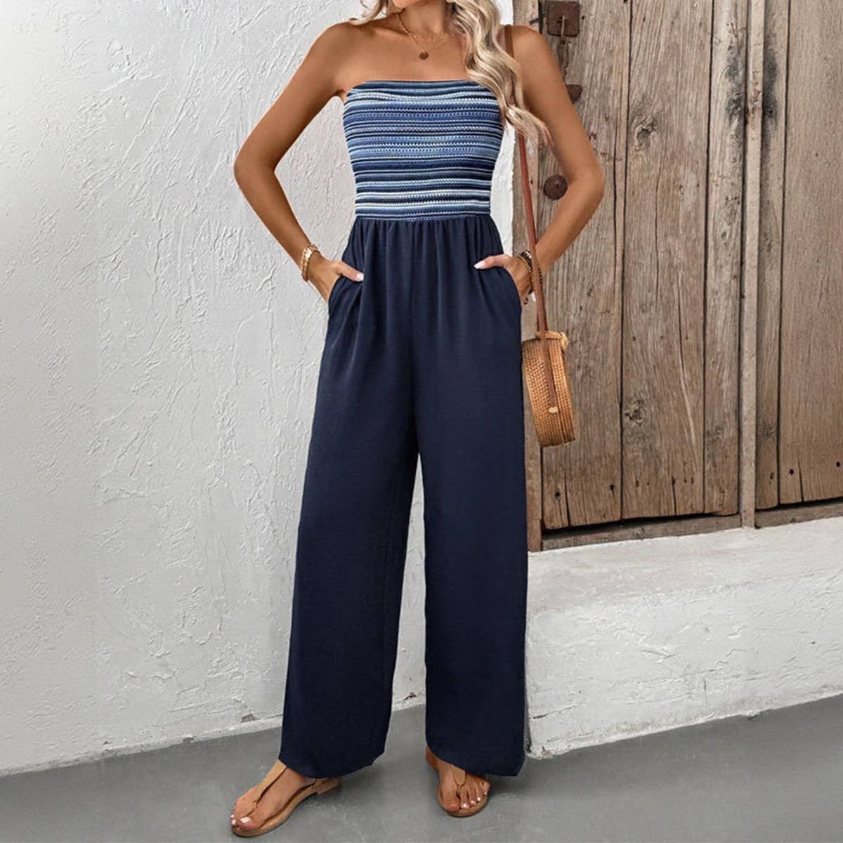 Casual striped patchwork elastic waist jumpsuit