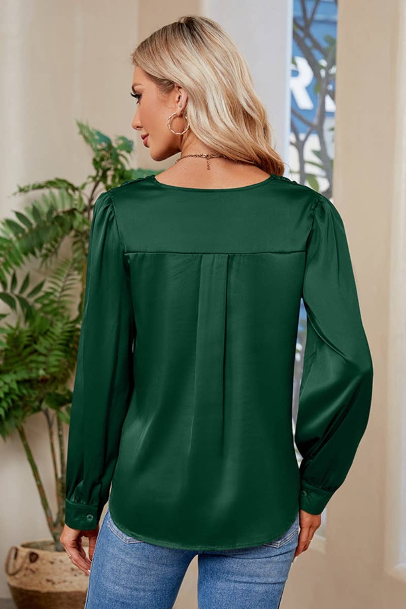 CWTBLL2445_SATIN V-NECK PLEATED LONG-SLEEVED SHIRT TOP
