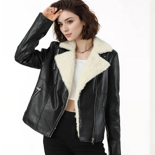 Plus Size Faux Shearling Lined Winter PU Jacket_CWMM9027