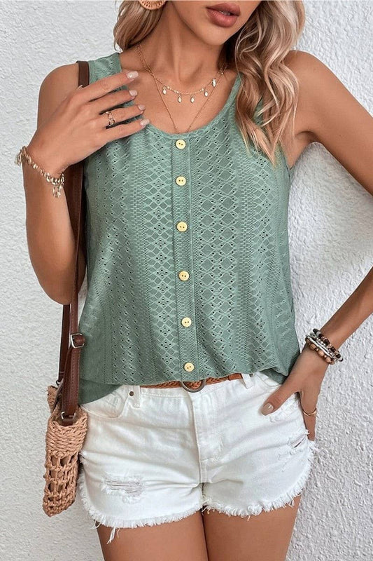 CWTBLSL0647_CASUAL ROUND NECK BUTTON LOOSE SLEEVELESS VEST