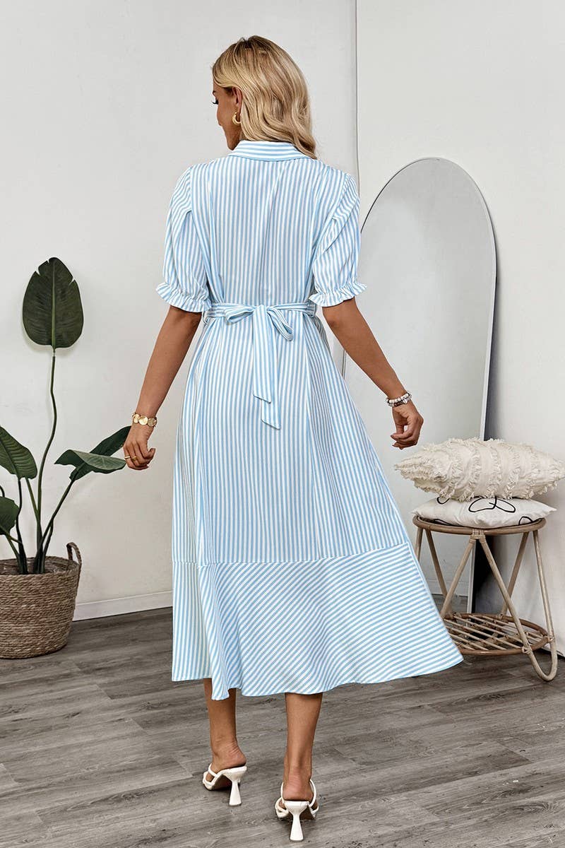CWDMD5784_STRIPED PUFF SLEEVE COLLAR SUMMER MAXI DRESS