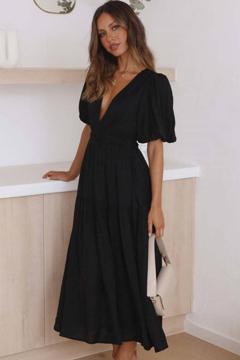 CWDMD1911_WOMEN'S SEXY DEEP V MID-SLEEVE LONG DRESS