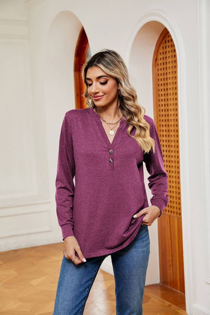 CWTBLL2371_V-NECK BUTTON LONG SLEEVE LOOSE PULLOVER TOP