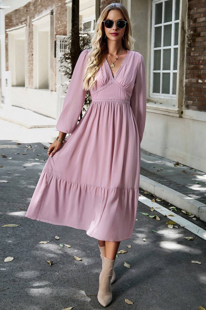 CWDMD0745_Deep V-neck Long Sleeve Maxi Dress