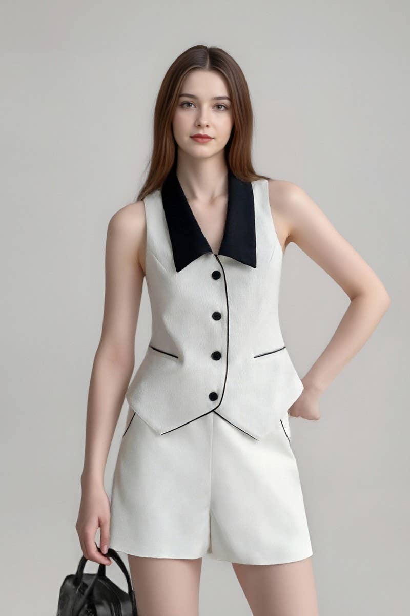 CWSTB2139_CONTRAST COLLAR BUTTON VEST & SHORTS WORK SET