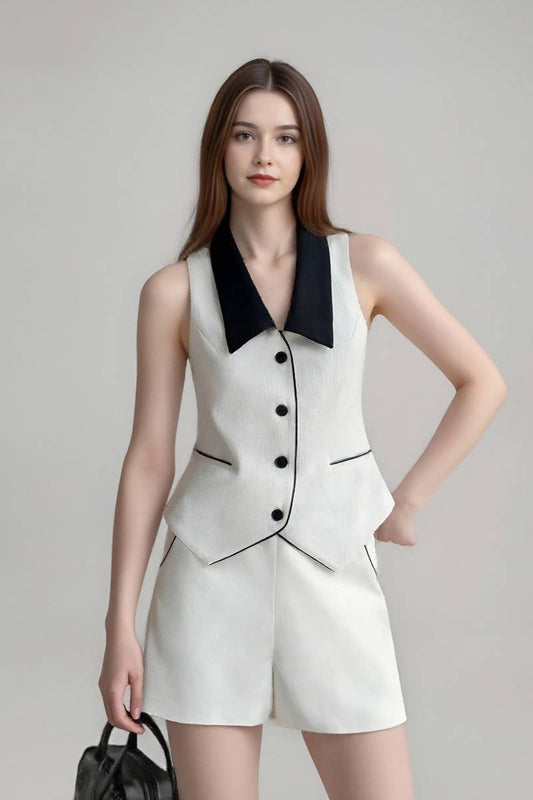 CWSTB2139_CONTRAST COLLAR BUTTON VEST & SHORTS WORK SET