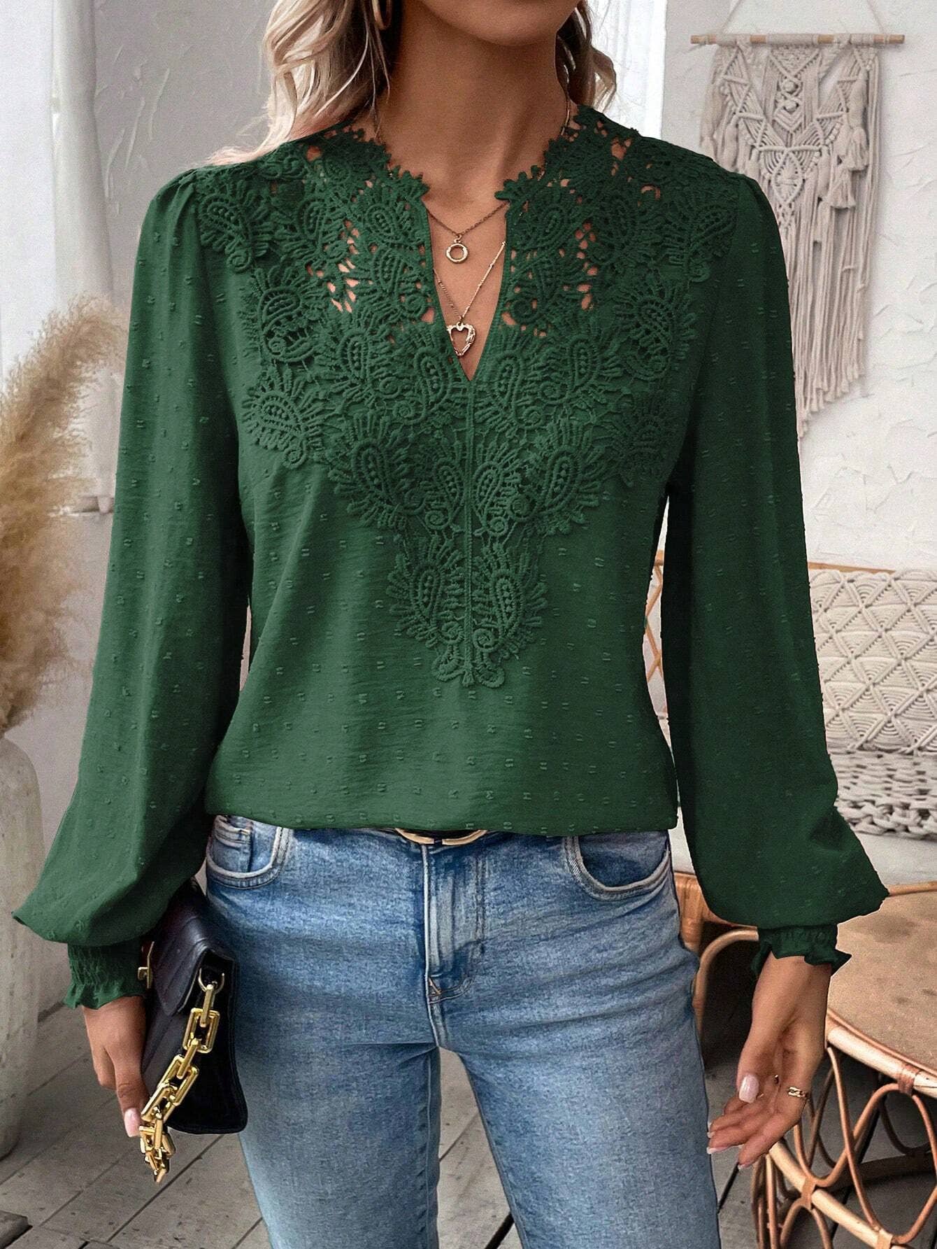 Fashion V-neck lace long sleeve casual T-shirt
