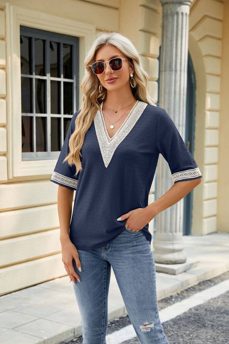 CWTTS0819_V-Neck Lace Trim Short Sleeve Knit Top