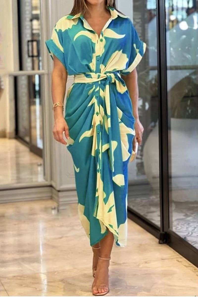 CWDMD4064_LAPEL PRINTED MIDI SHORT SLEEVE TIE SHIRT DRESS
