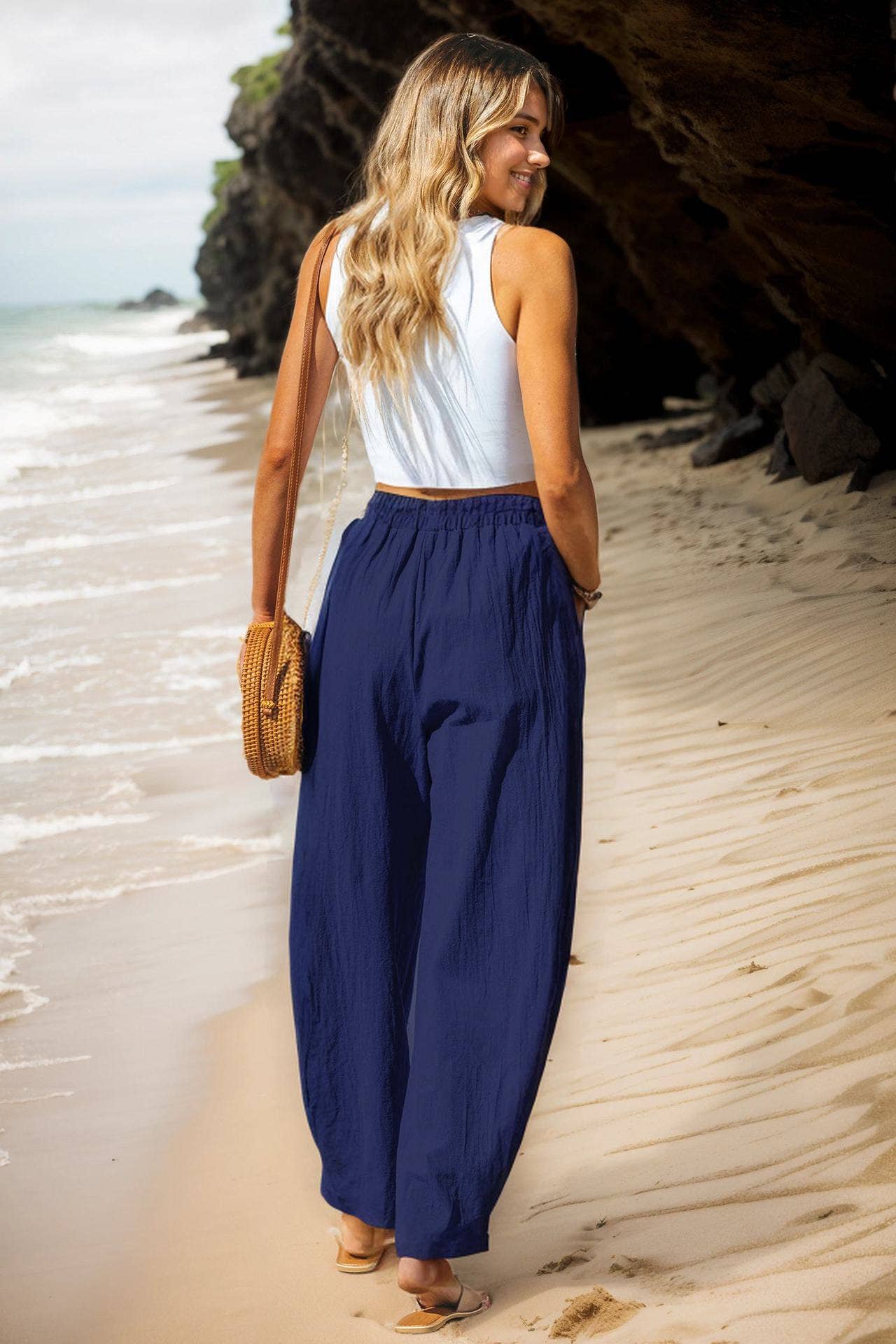 COTTON AND LINEN HOLIDAY STRETCH WAIST OVERALLS